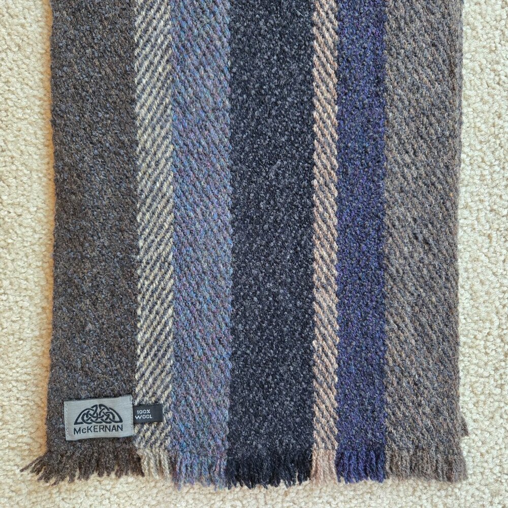 NWOT McKernan Wool Striped Scarf Blue Grey Black Ireland